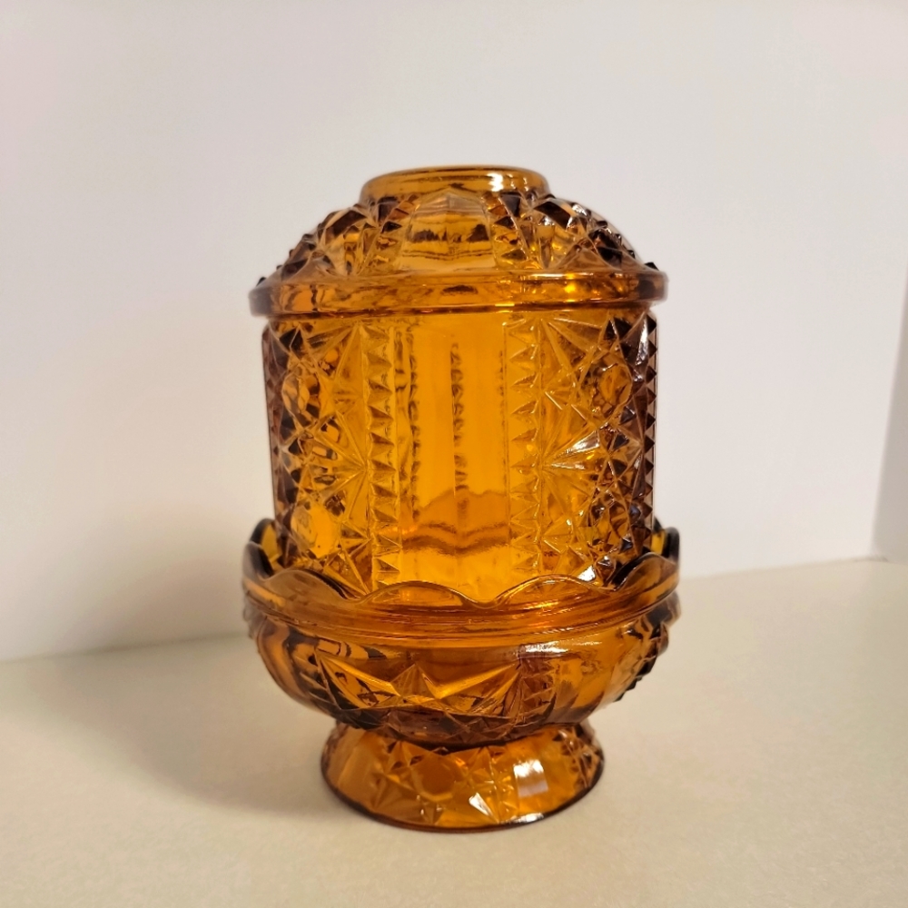 Vintage Indiana Glass Amber Fairy Lamp Bars & Stars - 2 Pieces, chip on base.